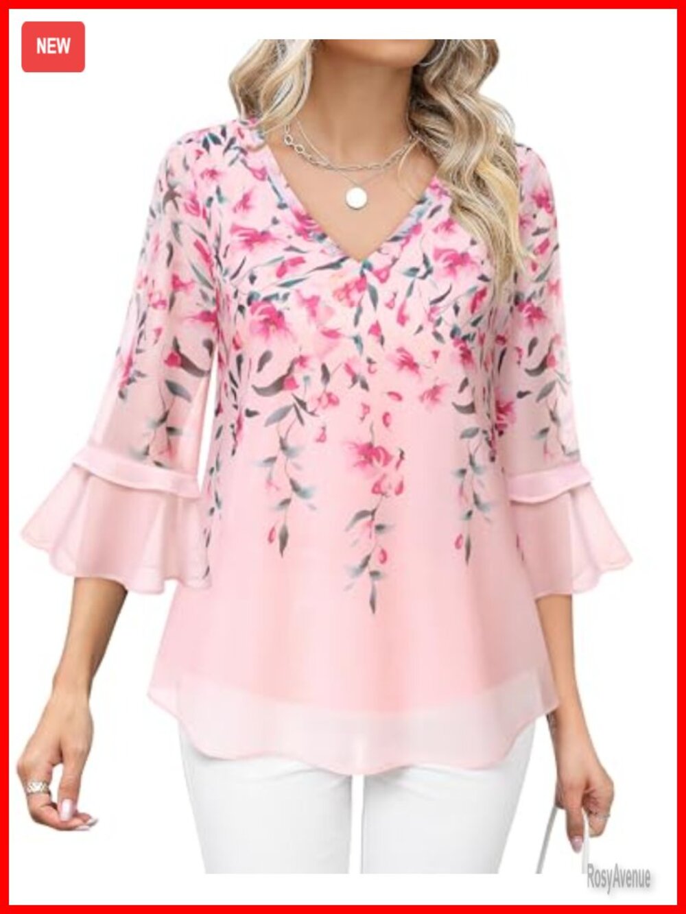 Womens Ruffle 3/4 Sleeve V Neck Floral Chiffon Blouse Tunic Top